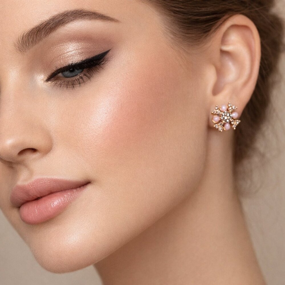 Swarovski Crystal Elements‎ Gold Overlay Pink Flower Earrings